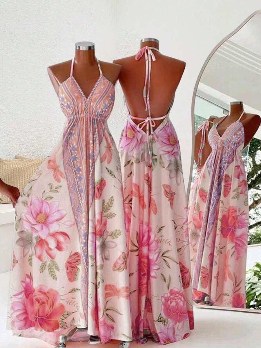 INAWLY Women's Floral Print Backless Halter Maxi Dress, Sexy Beach Vacation Style
