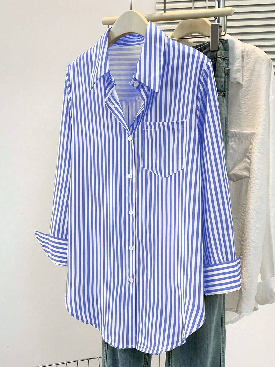 Women's Casual Basic Striped Pointed Collar Long Sleeve Shirt Blouse With Button Pockets, Suitable For Daily Office Wear, Autumn/Winter/Spring
