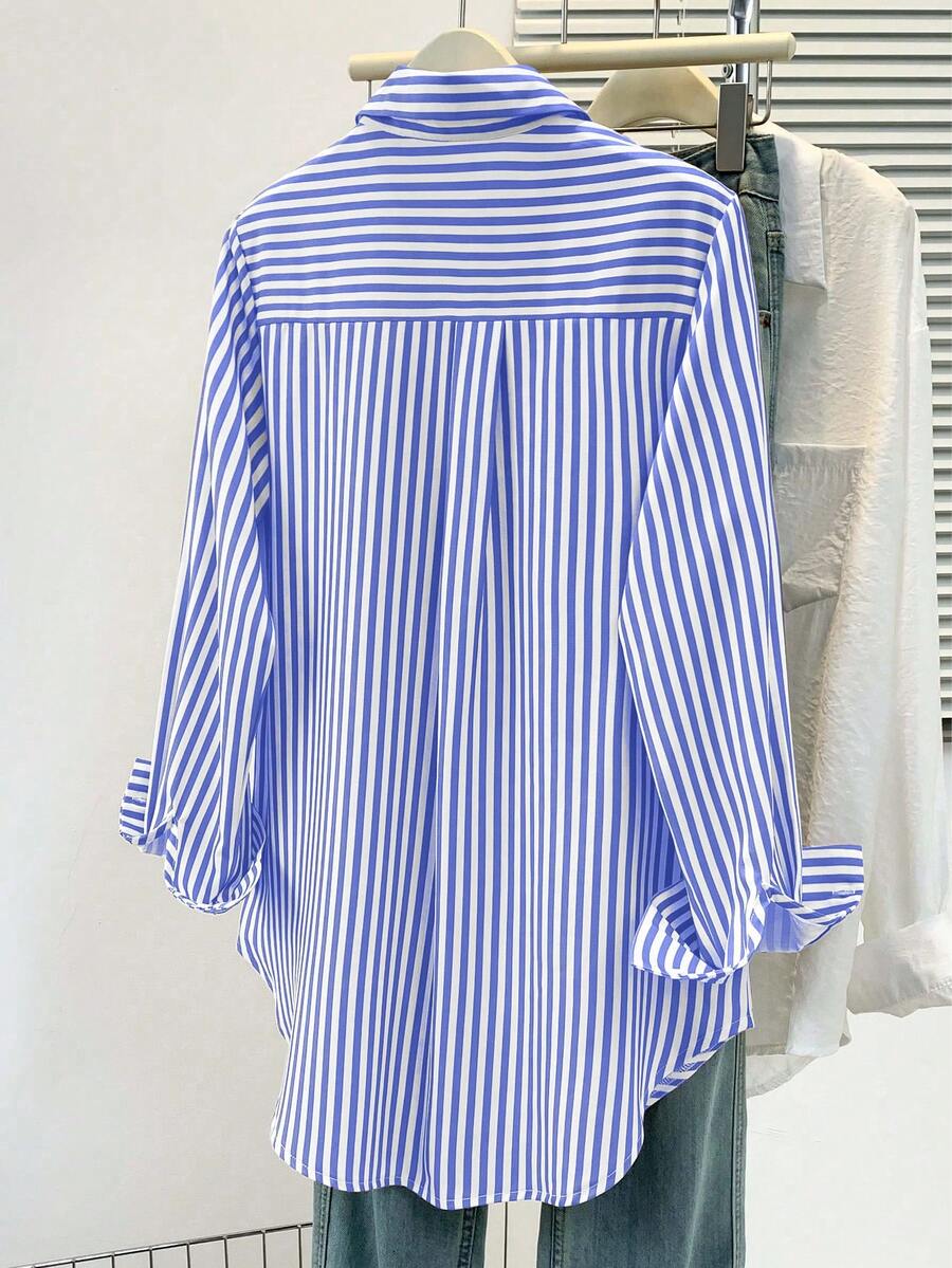 Women's Casual Basic Striped Pointed Collar Long Sleeve Shirt Blouse With Button Pockets, Suitable For Daily Office Wear, Autumn/Winter/Spring