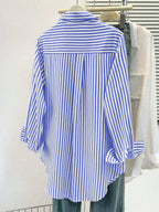 Women's Casual Basic Striped Pointed Collar Long Sleeve Shirt Blouse With Button Pockets, Suitable For Daily Office Wear, Autumn/Winter/Spring