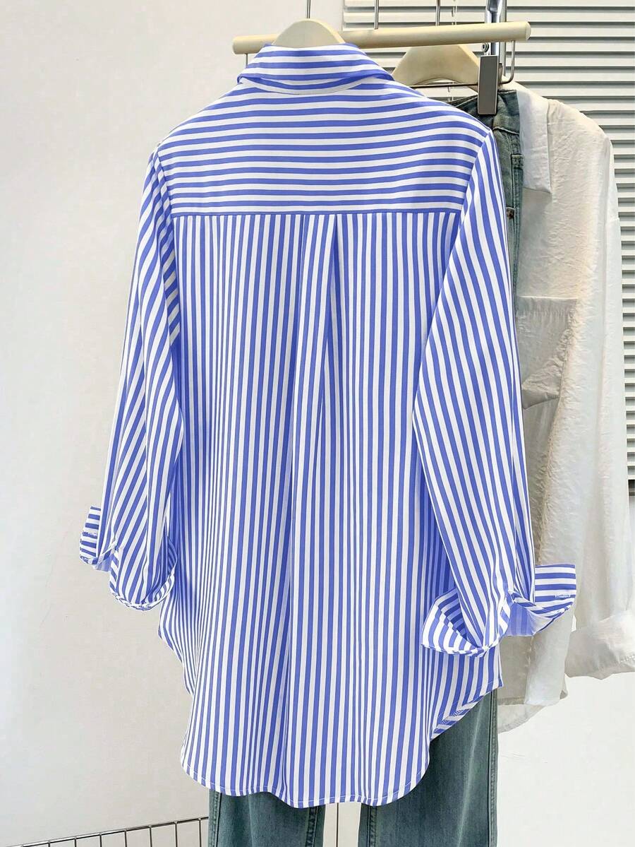 Women's Casual Basic Striped Pointed Collar Long Sleeve Shirt Blouse With Button Pockets, Suitable For Daily Office Wear, Autumn/Winter/Spring