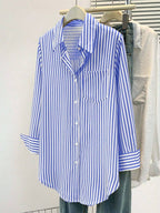 Women's Casual Basic Striped Pointed Collar Long Sleeve Shirt Blouse With Button Pockets, Suitable For Daily Office Wear, Autumn/Winter/Spring