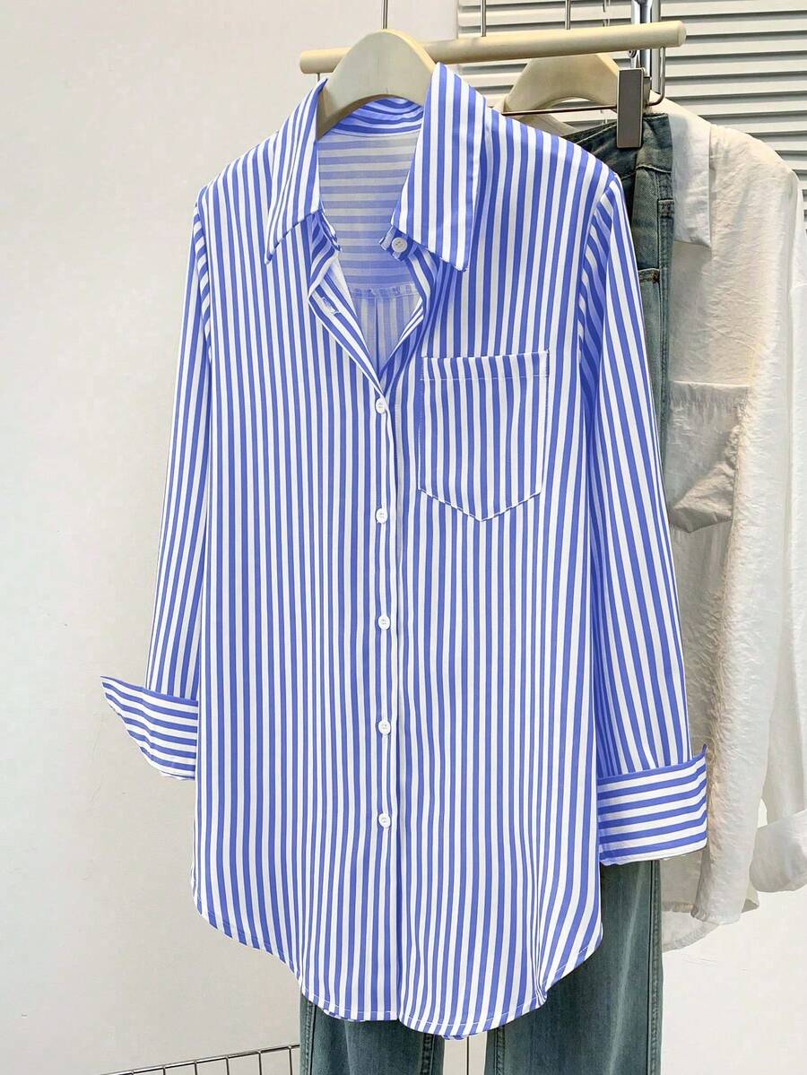 Women's Casual Basic Striped Pointed Collar Long Sleeve Shirt Blouse With Button Pockets, Suitable For Daily Office Wear, Autumn/Winter/Spring