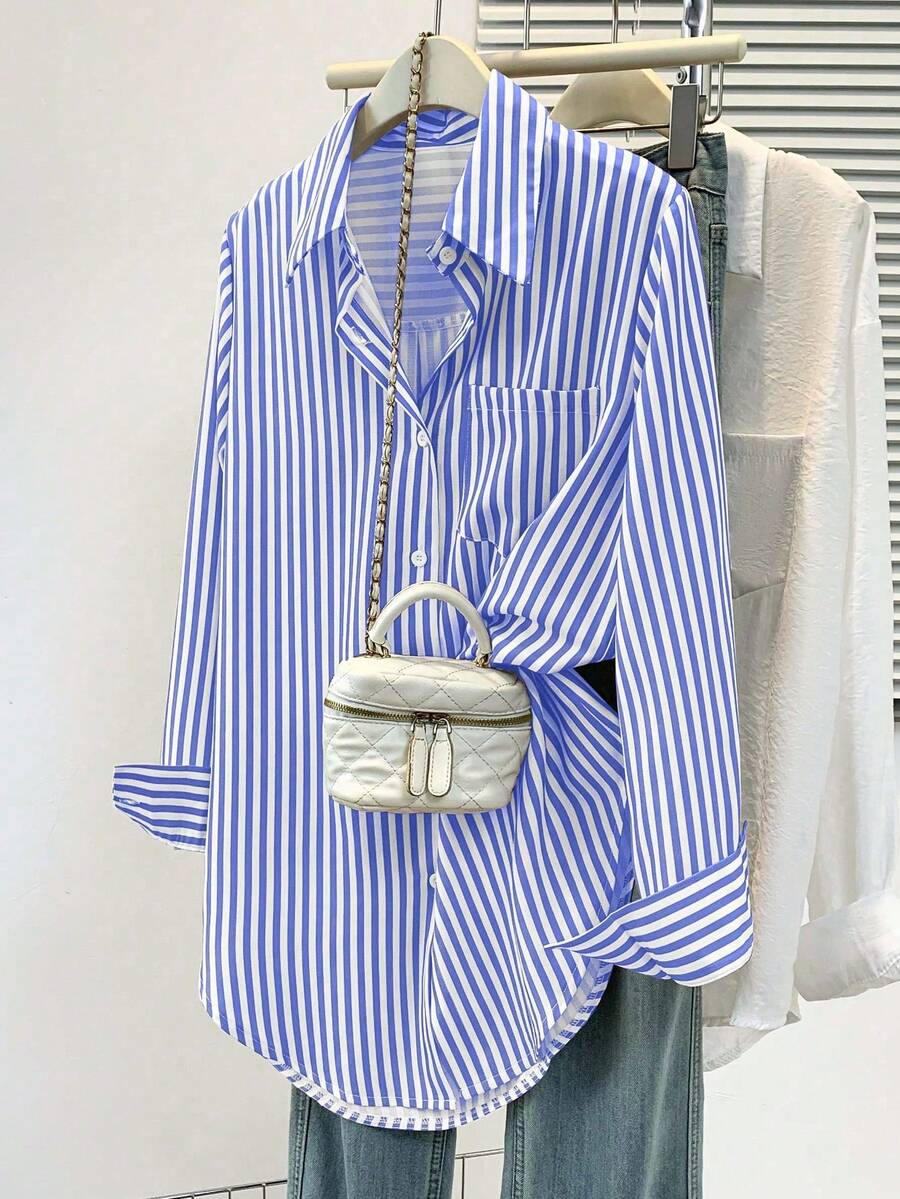 Women's Casual Basic Striped Pointed Collar Long Sleeve Shirt Blouse With Button Pockets, Suitable For Daily Office Wear, Autumn/Winter/Spring