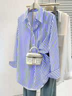 Women's Casual Basic Striped Pointed Collar Long Sleeve Shirt Blouse With Button Pockets, Suitable For Daily Office Wear, Autumn/Winter/Spring