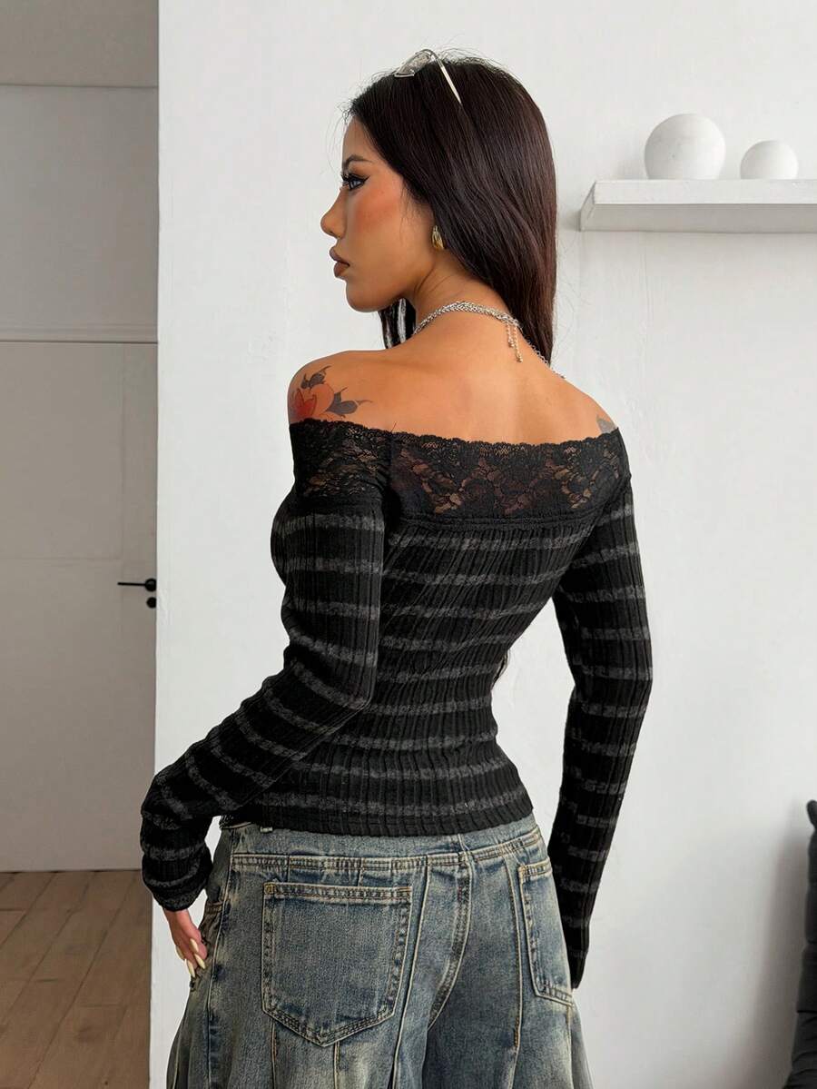 Coolane Women's Winter Streetwear Basic Casual Y2K Rib Knit Witchy Goth Music Festival  Lace Patchwork Off The Shoulder Warm/ Cold Weather/ Thermal Long Sleeve Black Top