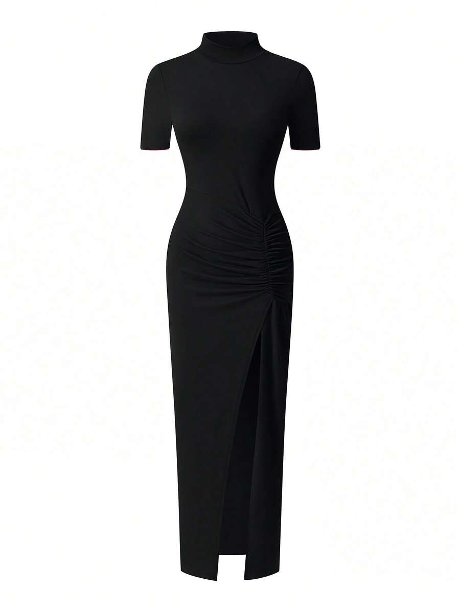EARO Women's Long Slit Bodycon Dress, High-End Elegant Fashion Casual Versatile Layering Dress, TighRucheded Long Sleeve High Neck Knit Stretchy Mini Dress