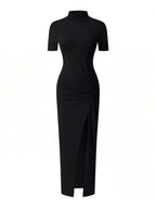 EARO Women's Long Slit Bodycon Dress, High-End Elegant Fashion Casual Versatile Layering Dress, TighRucheded Long Sleeve High Neck Knit Stretchy Mini Dress