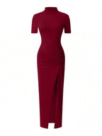EARO Women's Long Slit Bodycon Dress, High-End Elegant Fashion Casual Versatile Layering Dress, TighRucheded Long Sleeve High Neck Knit Stretchy Mini Dress