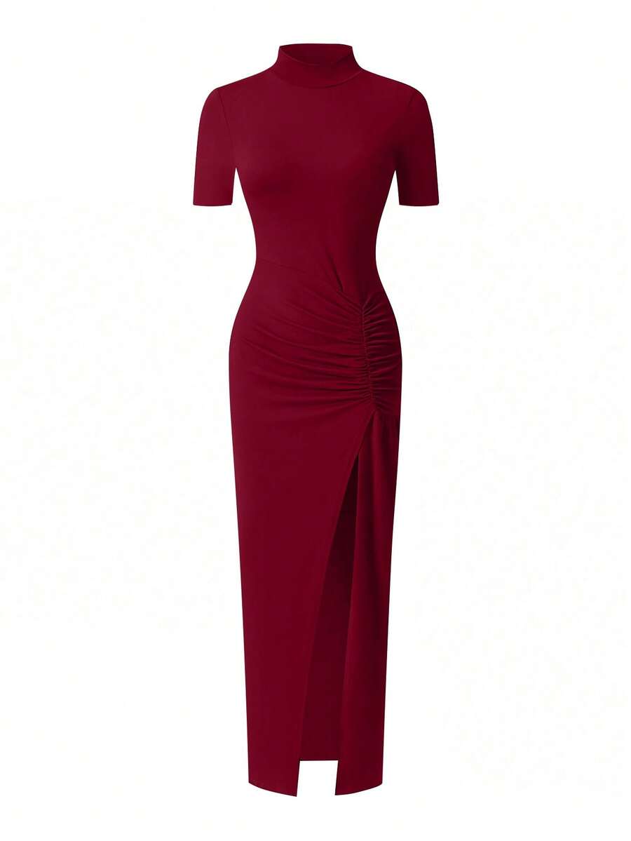 EARO Women's Long Slit Bodycon Dress, High-End Elegant Fashion Casual Versatile Layering Dress, TighRucheded Long Sleeve High Neck Knit Stretchy Mini Dress