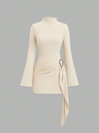 Sweetra Women's Stand Collar Cinched Waist Minimalist Flare Sleeve Bodycon Midi Dress