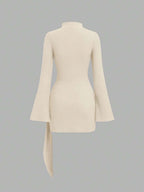 Sweetra Women's Stand Collar Cinched Waist Minimalist Flare Sleeve Bodycon Midi Dress