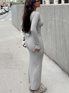 Elegant Long Sleeve Fitted Dress - Ribbed Knit Fabric, Round Neck Design, Slim Fit, Easy To Create Fashionable Look. Tip: For A More Fitted Effect, It Is Recommended To Choose One Size Smaller.