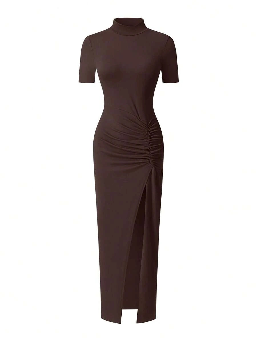 EARO Women's Long Slit Bodycon Dress, High-End Elegant Fashion Casual Versatile Layering Dress, TighRucheded Long Sleeve High Neck Knit Stretchy Mini Dress