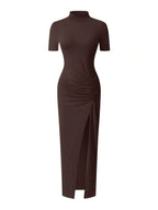 EARO Women's Long Slit Bodycon Dress, High-End Elegant Fashion Casual Versatile Layering Dress, TighRucheded Long Sleeve High Neck Knit Stretchy Mini Dress