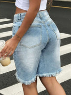 Women's Straight Leg Denim Shorts, Slim Fit 7/8 Length, With Pockets, Casual Non-Stretch Frayed Hem Shorts, Suitable For Daily Wear