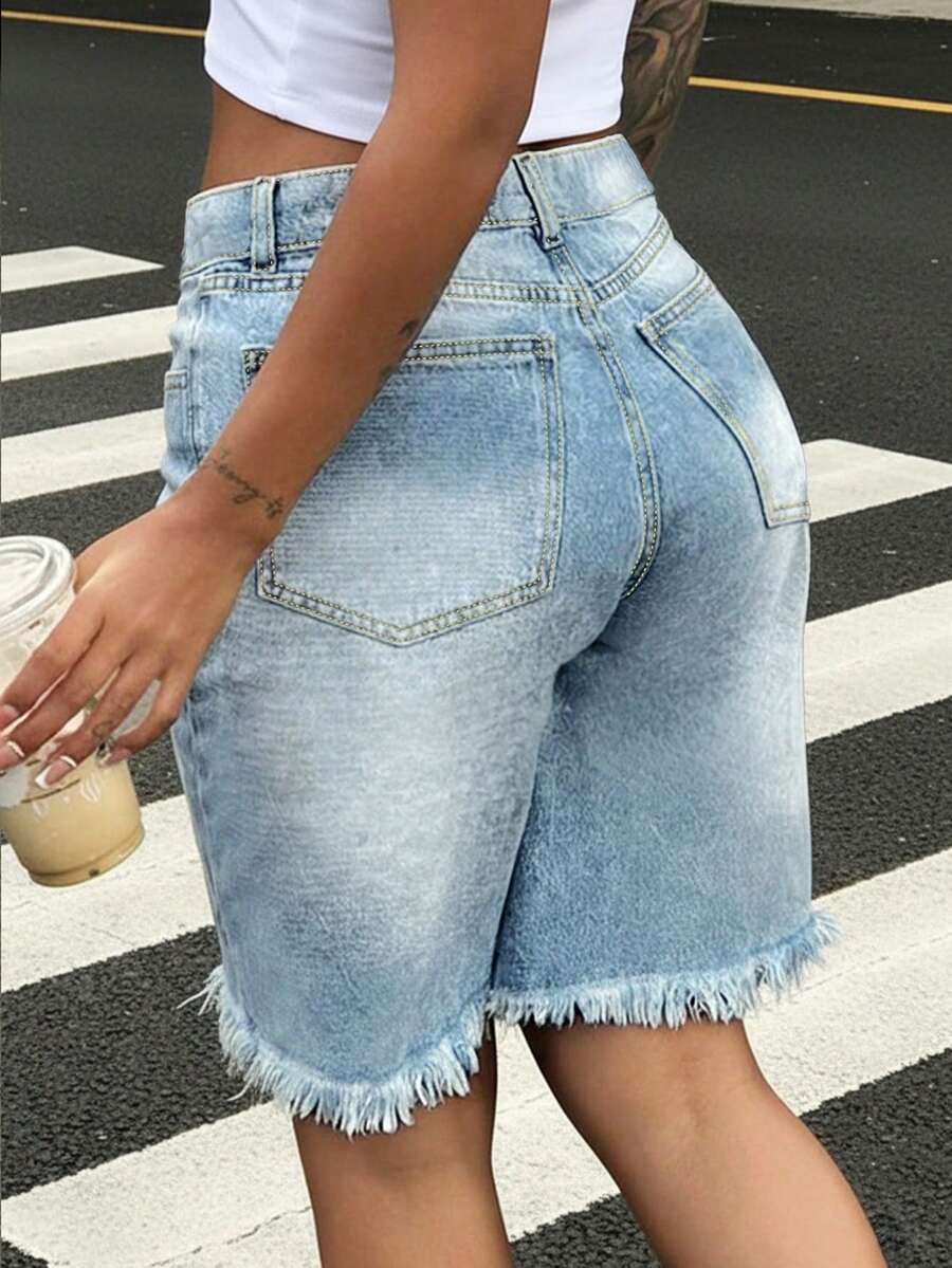 Women's Straight Leg Denim Shorts, Slim Fit 7/8 Length, With Pockets, Casual Non-Stretch Frayed Hem Shorts, Suitable For Daily Wear