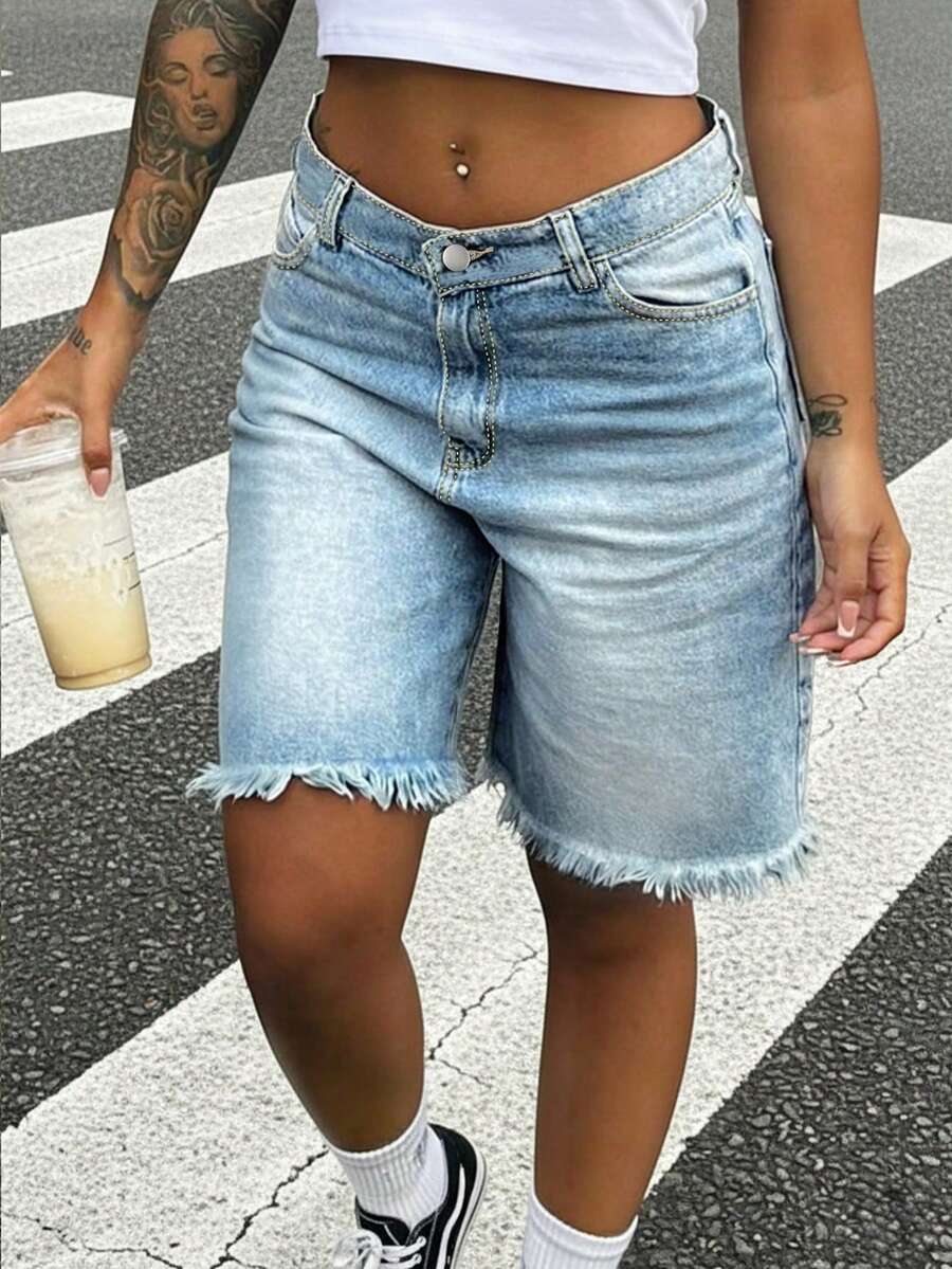Women's Straight Leg Denim Shorts, Slim Fit 7/8 Length, With Pockets, Casual Non-Stretch Frayed Hem Shorts, Suitable For Daily Wear