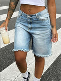 Women's Straight Leg Denim Shorts, Slim Fit 7/8 Length, With Pockets, Casual Non-Stretch Frayed Hem Shorts, Suitable For Daily Wear