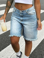 Women's Straight Leg Denim Shorts, Slim Fit 7/8 Length, With Pockets, Casual Non-Stretch Frayed Hem Shorts, Suitable For Daily Wear