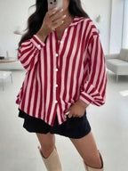 Women's Vintage Inspired Lightweight Jacket, Bohemian Colorblock Striped Pattern, Pink Casual Lapel Long Sleeve Button-Up Shirt, Loose Comfortable Elegant Romantic Urban Casual Blouse