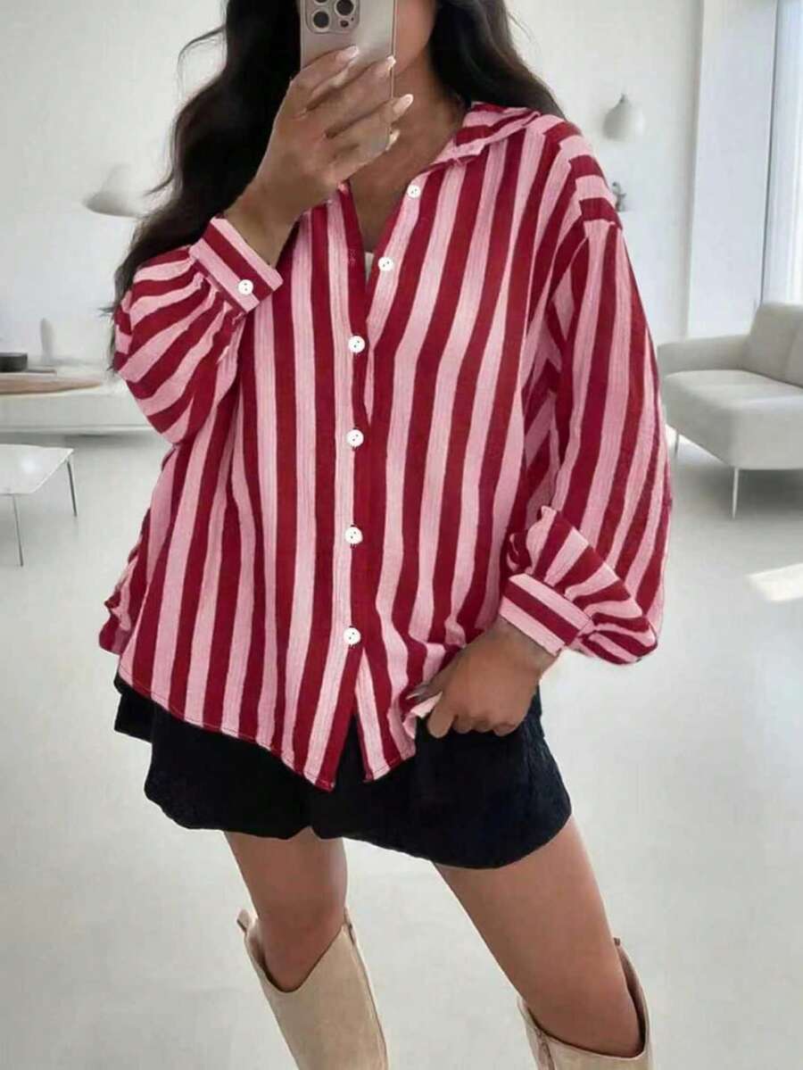 Women's Vintage Inspired Lightweight Jacket, Bohemian Colorblock Striped Pattern, Pink Casual Lapel Long Sleeve Button-Up Shirt, Loose Comfortable Elegant Romantic Urban Casual Blouse