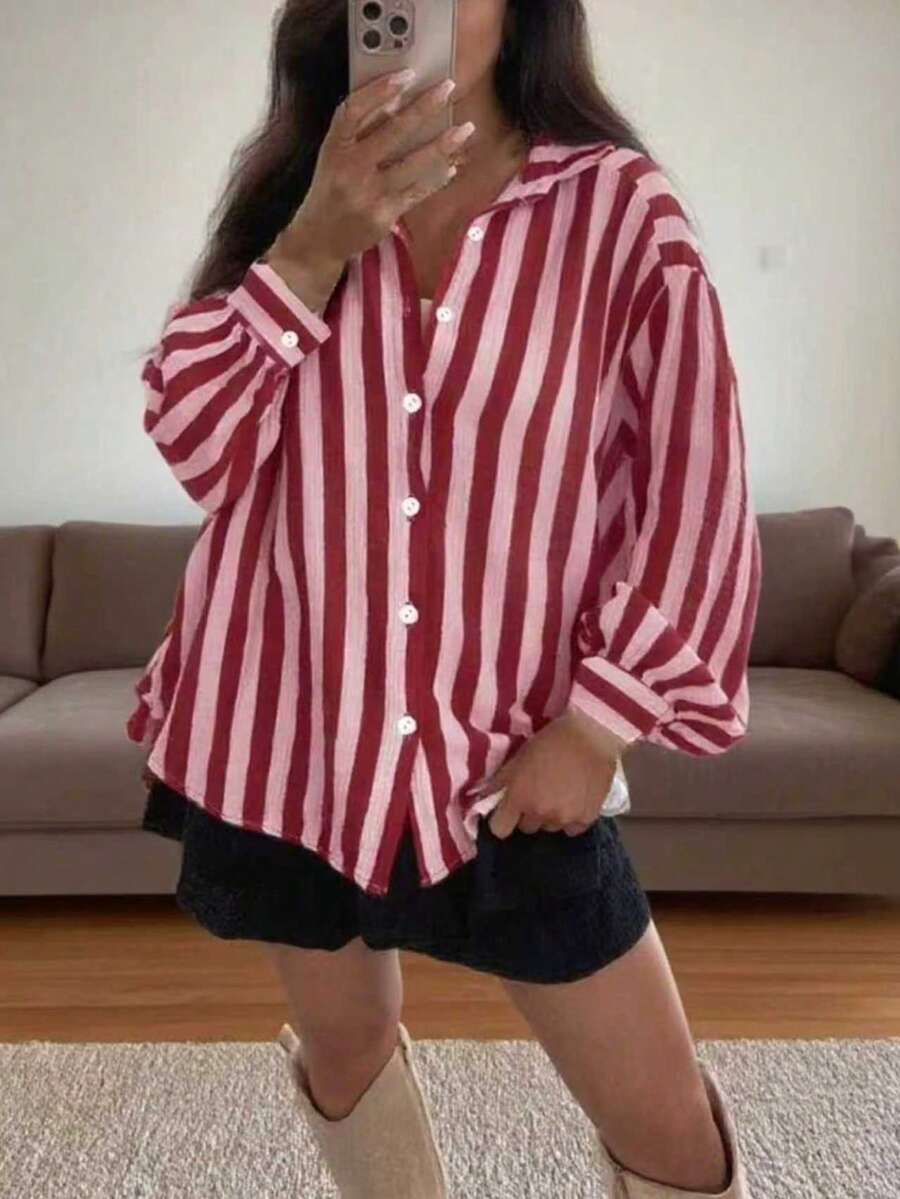 Women's Vintage Inspired Lightweight Jacket, Bohemian Colorblock Striped Pattern, Pink Casual Lapel Long Sleeve Button-Up Shirt, Loose Comfortable Elegant Romantic Urban Casual Blouse