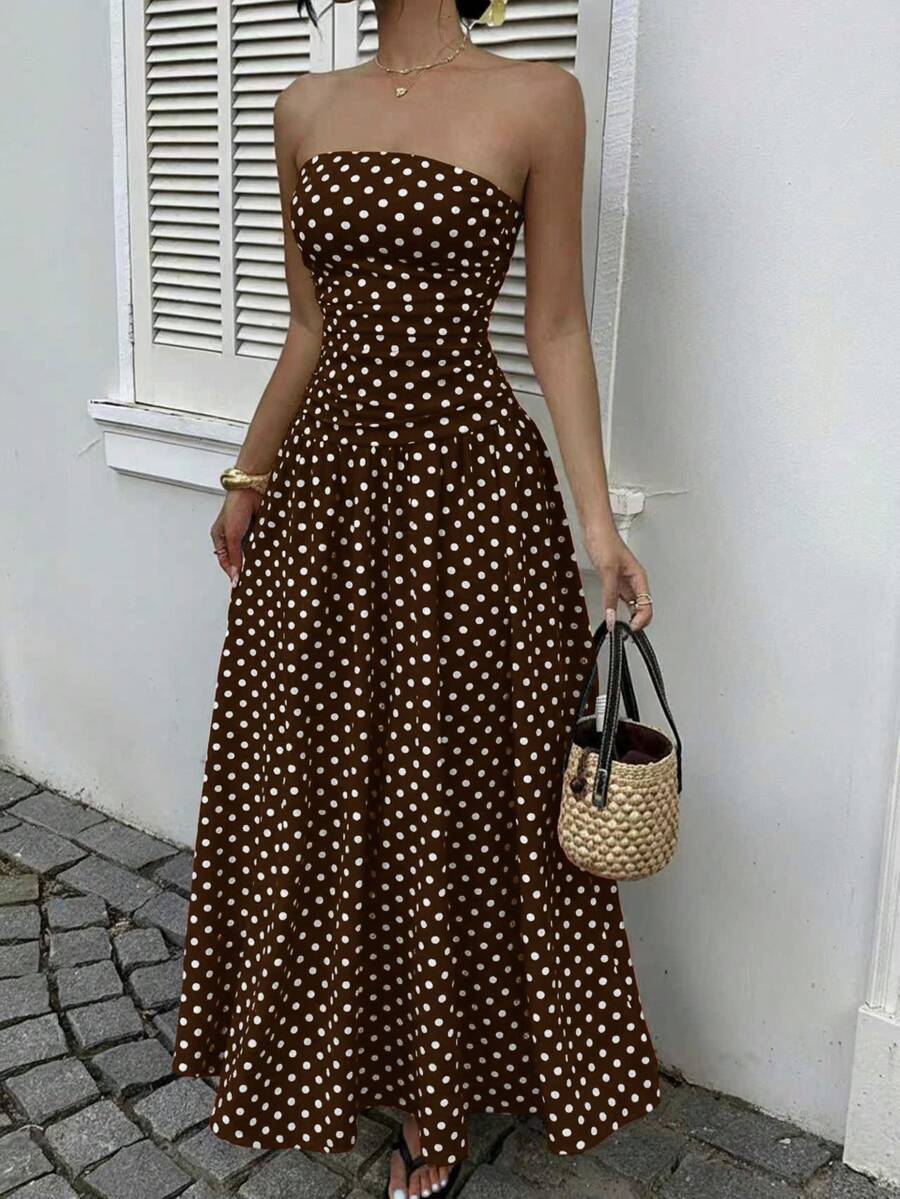 MainGRL Women's Polka Dot Print Waist Cinched Bandeau Dress, Vacation Style,Dresses For Women Casual Sun Dress Long Brown Long Dress Brown Sundress Brown Maxi Dress Brown Polka Dot Dress