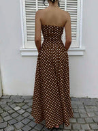 MainGRL Women's Polka Dot Print Waist Cinched Bandeau Dress, Vacation Style,Dresses For Women Casual Sun Dress Long Brown Long Dress Brown Sundress Brown Maxi Dress Brown Polka Dot Dress