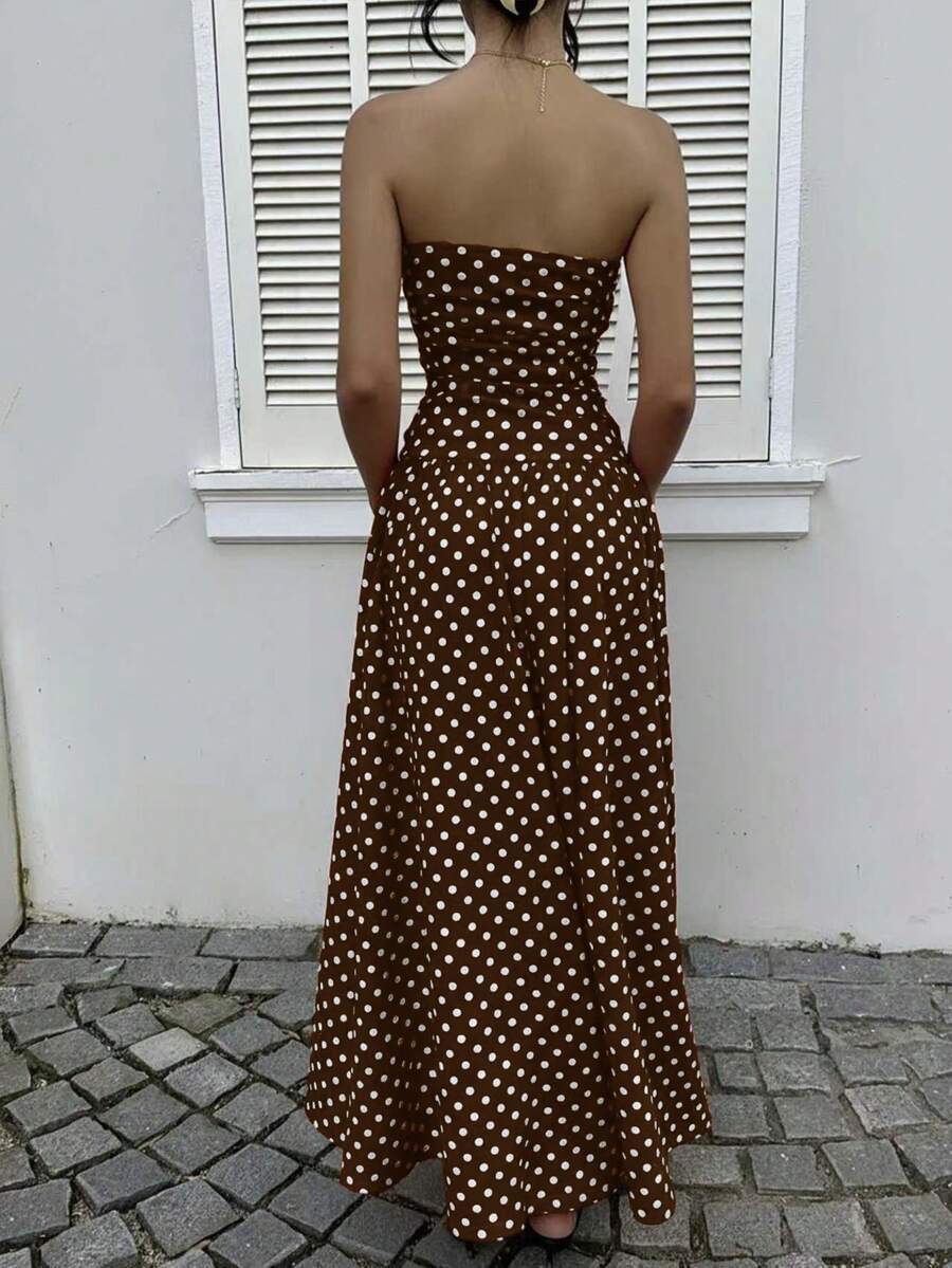 MainGRL Women's Polka Dot Print Waist Cinched Bandeau Dress, Vacation Style,Dresses For Women Casual Sun Dress Long Brown Long Dress Brown Sundress Brown Maxi Dress Brown Polka Dot Dress