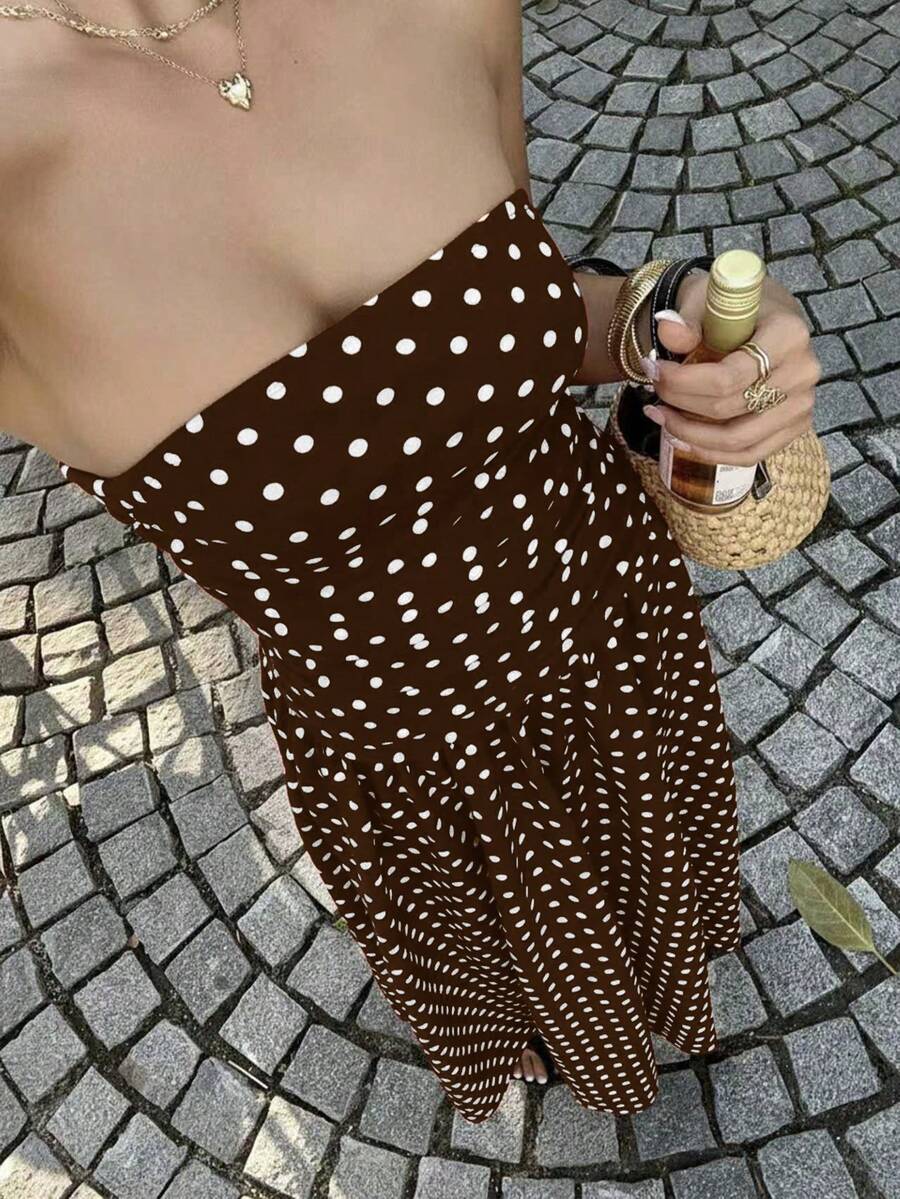 MainGRL Women's Polka Dot Print Waist Cinched Bandeau Dress, Vacation Style,Dresses For Women Casual Sun Dress Long Brown Long Dress Brown Sundress Brown Maxi Dress Brown Polka Dot Dress