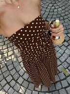 MainGRL Women's Polka Dot Print Waist Cinched Bandeau Dress, Vacation Style,Dresses For Women Casual Sun Dress Long Brown Long Dress Brown Sundress Brown Maxi Dress Brown Polka Dot Dress