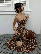 MainGRL Women's Polka Dot Print Waist Cinched Bandeau Dress, Vacation Style,Dresses For Women Casual Sun Dress Long Brown Long Dress Brown Sundress Brown Maxi Dress Brown Polka Dot Dress