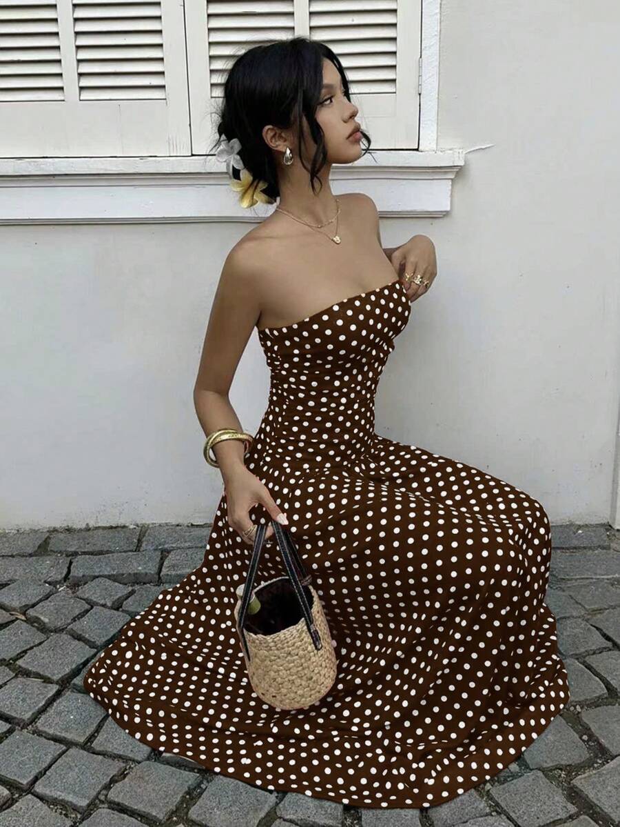 MainGRL Women's Polka Dot Print Waist Cinched Bandeau Dress, Vacation Style,Dresses For Women Casual Sun Dress Long Brown Long Dress Brown Sundress Brown Maxi Dress Brown Polka Dot Dress
