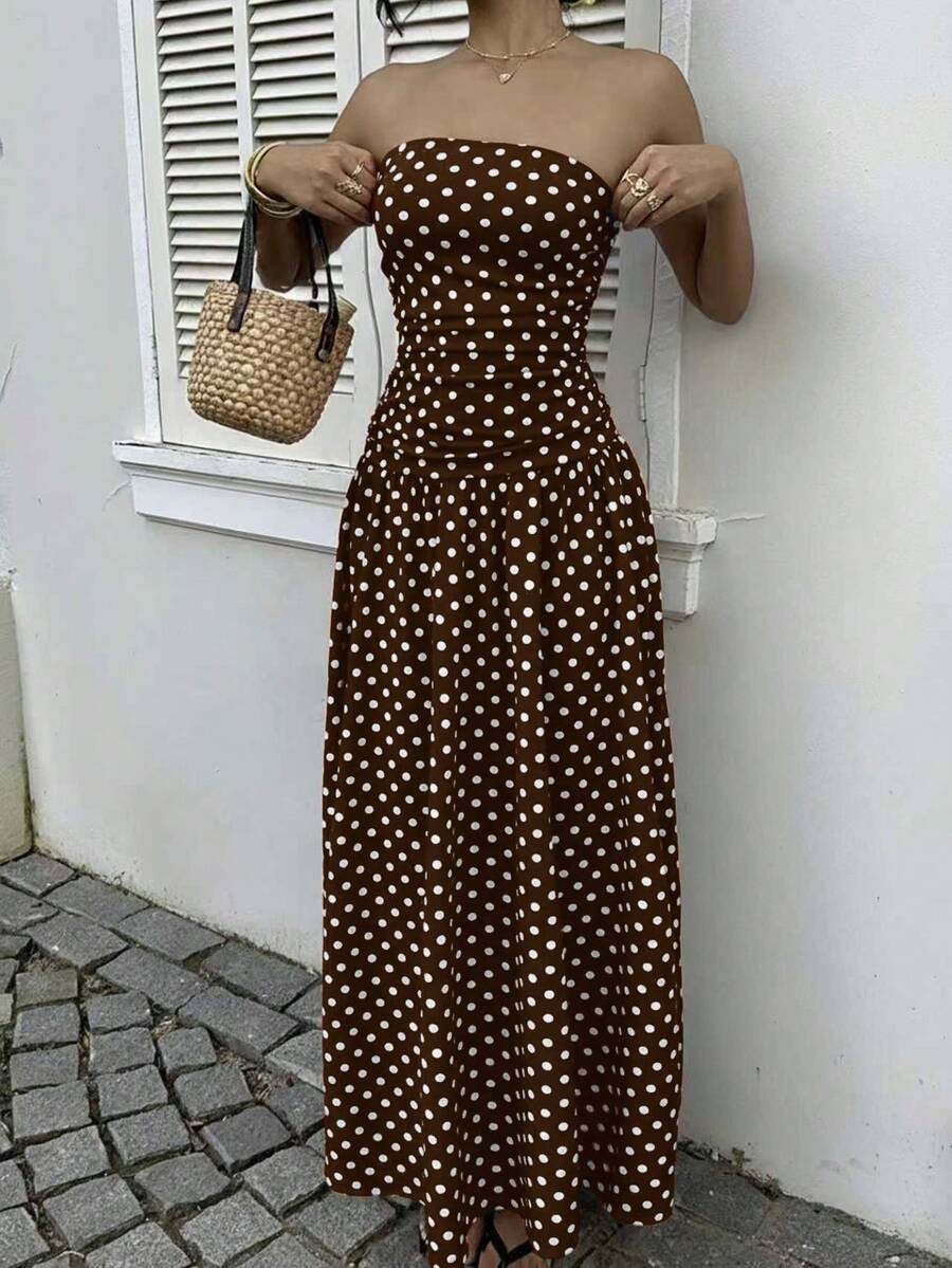 MainGRL Women's Polka Dot Print Waist Cinched Bandeau Dress, Vacation Style,Dresses For Women Casual Sun Dress Long Brown Long Dress Brown Sundress Brown Maxi Dress Brown Polka Dot Dress