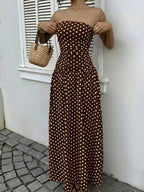 MainGRL Women's Polka Dot Print Waist Cinched Bandeau Dress, Vacation Style,Dresses For Women Casual Sun Dress Long Brown Long Dress Brown Sundress Brown Maxi Dress Brown Polka Dot Dress