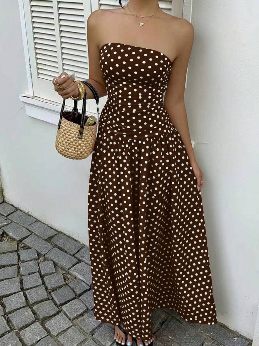 MainGRL Women's Polka Dot Print Waist Cinched Bandeau Dress, Vacation Style,Dresses For Women Casual Sun Dress Long Brown Long Dress Brown Sundress Brown Maxi Dress Brown Polka Dot Dress
