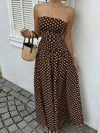 MainGRL Women's Polka Dot Print Waist Cinched Bandeau Dress, Vacation Style,Dresses For Women Casual Sun Dress Long Brown Long Dress Brown Sundress Brown Maxi Dress Brown Polka Dot Dress