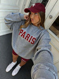 HoodieWomen Gray Rib-Knit Pullover Sweatshirt With Long Sleeve Round Neck And Paris Embroidery Casual Fits, Featuring A Comfortable Round Neck And Long Sleeves With Rib-Knit Details For Everyday WearLoose And Comfortablewinter Clothes For Women