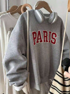 HoodieWomen Gray Rib-Knit Pullover Sweatshirt With Long Sleeve Round Neck And Paris Embroidery Casual Fits, Featuring A Comfortable Round Neck And Long Sleeves With Rib-Knit Details For Everyday WearLoose And Comfortablewinter Clothes For Women
