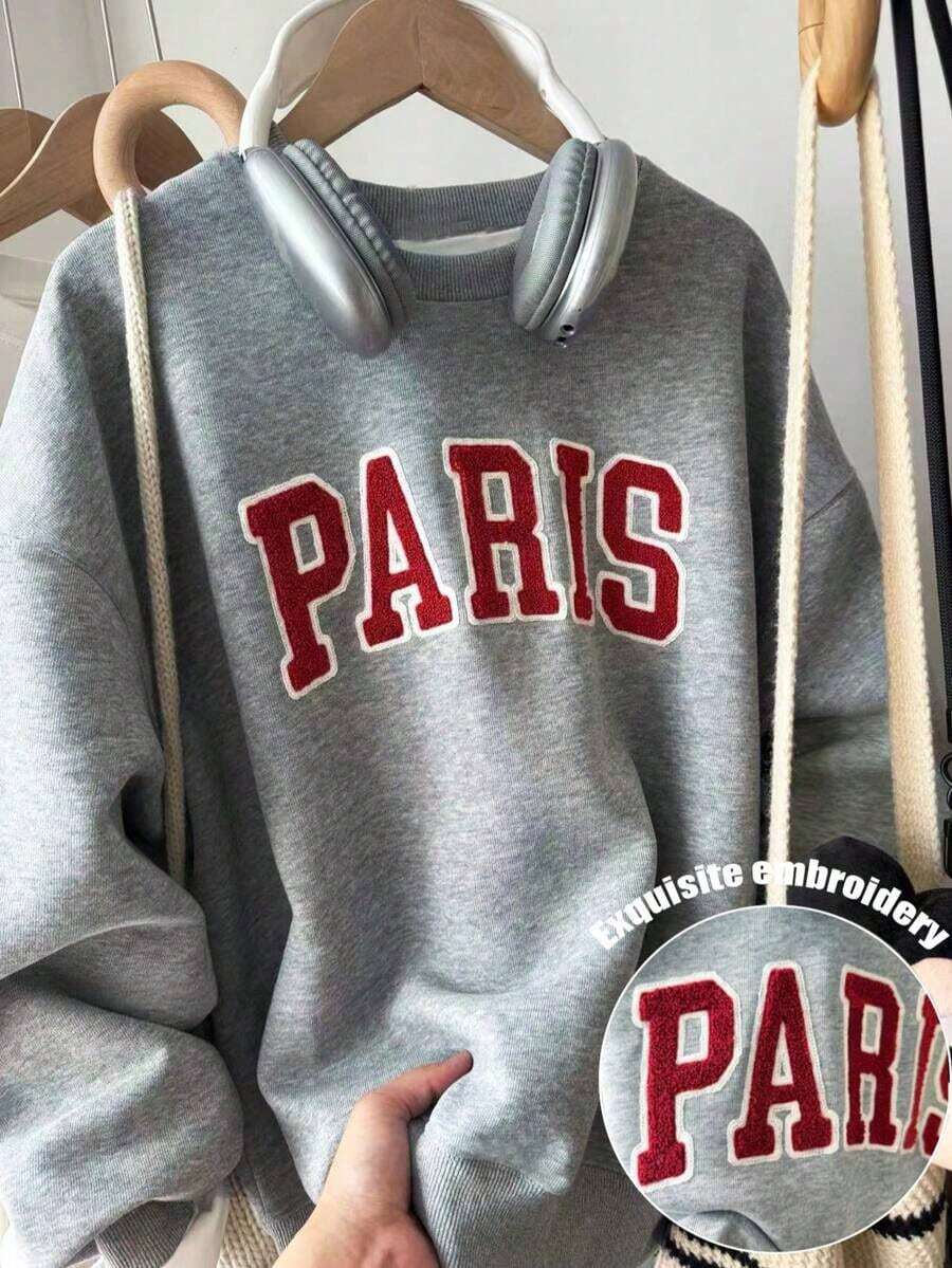 HoodieWomen Gray Rib-Knit Pullover Sweatshirt With Long Sleeve Round Neck And Paris Embroidery Casual Fits, Featuring A Comfortable Round Neck And Long Sleeves With Rib-Knit Details For Everyday WearLoose And Comfortablewinter Clothes For Women