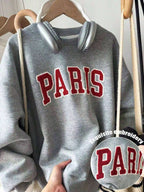 HoodieWomen Gray Rib-Knit Pullover Sweatshirt With Long Sleeve Round Neck And Paris Embroidery Casual Fits, Featuring A Comfortable Round Neck And Long Sleeves With Rib-Knit Details For Everyday WearLoose And Comfortablewinter Clothes For Women