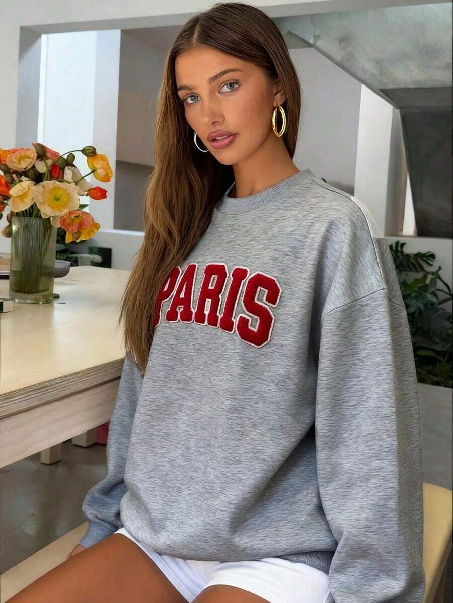 HoodieWomen Gray Rib-Knit Pullover Sweatshirt With Long Sleeve Round Neck And Paris Embroidery Casual Fits, Featuring A Comfortable Round Neck And Long Sleeves With Rib-Knit Details For Everyday WearLoose And Comfortablewinter Clothes For Women