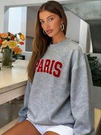HoodieWomen Gray Rib-Knit Pullover Sweatshirt With Long Sleeve Round Neck And Paris Embroidery Casual Fits, Featuring A Comfortable Round Neck And Long Sleeves With Rib-Knit Details For Everyday WearLoose And Comfortablewinter Clothes For Women