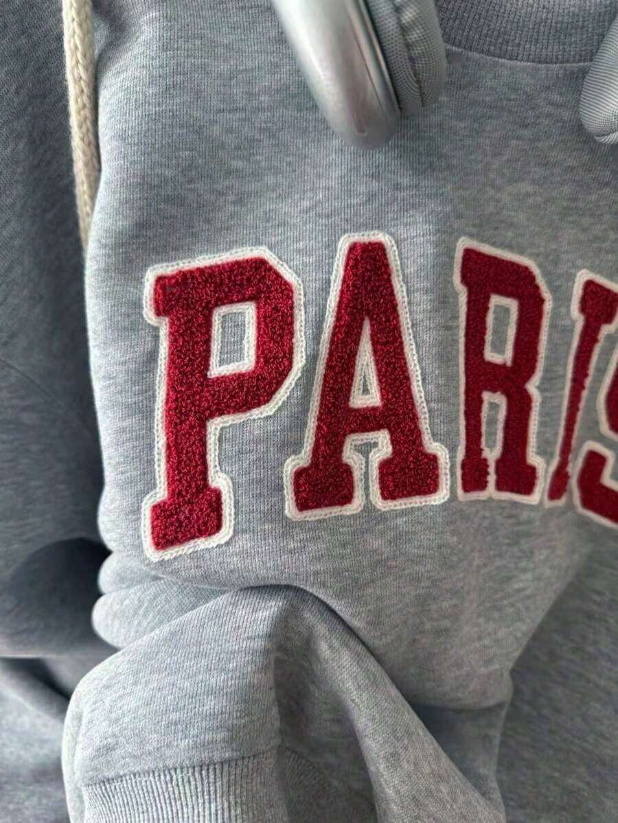 HoodieWomen Gray Rib-Knit Pullover Sweatshirt With Long Sleeve Round Neck And Paris Embroidery Casual Fits, Featuring A Comfortable Round Neck And Long Sleeves With Rib-Knit Details For Everyday WearLoose And Comfortablewinter Clothes For Women