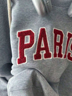 HoodieWomen Gray Rib-Knit Pullover Sweatshirt With Long Sleeve Round Neck And Paris Embroidery Casual Fits, Featuring A Comfortable Round Neck And Long Sleeves With Rib-Knit Details For Everyday WearLoose And Comfortablewinter Clothes For Women