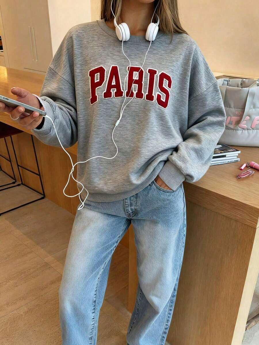 HoodieWomen Gray Rib-Knit Pullover Sweatshirt With Long Sleeve Round Neck And Paris Embroidery Casual Fits, Featuring A Comfortable Round Neck And Long Sleeves With Rib-Knit Details For Everyday WearLoose And Comfortablewinter Clothes For Women