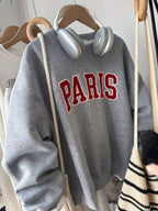 HoodieWomen Gray Rib-Knit Pullover Sweatshirt With Long Sleeve Round Neck And Paris Embroidery Casual Fits, Featuring A Comfortable Round Neck And Long Sleeves With Rib-Knit Details For Everyday WearLoose And Comfortablewinter Clothes For Women
