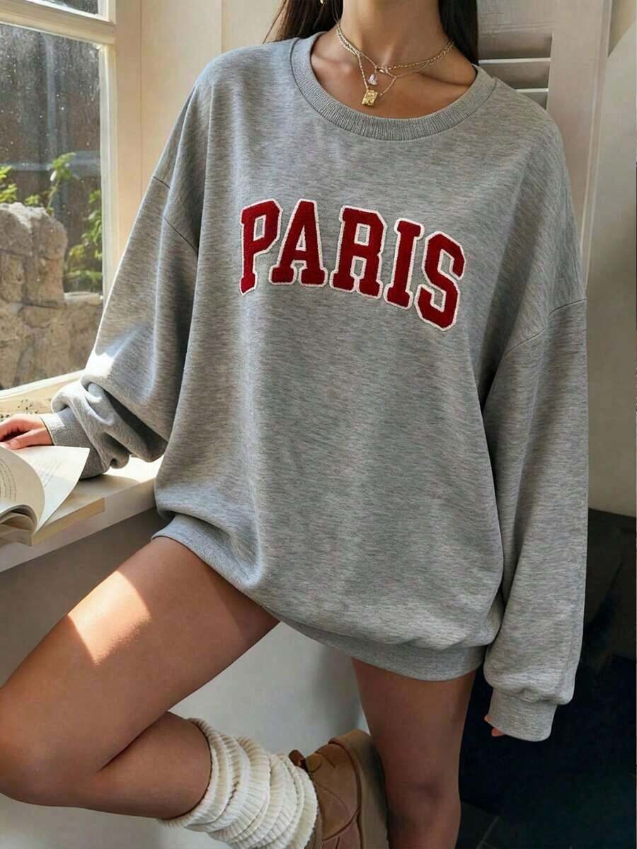 HoodieWomen Gray Rib-Knit Pullover Sweatshirt With Long Sleeve Round Neck And Paris Embroidery Casual Fits, Featuring A Comfortable Round Neck And Long Sleeves With Rib-Knit Details For Everyday WearLoose And Comfortablewinter Clothes For Women