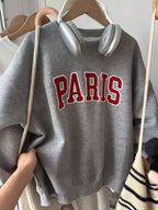 HoodieWomen Gray Rib-Knit Pullover Sweatshirt With Long Sleeve Round Neck And Paris Embroidery Casual Fits, Featuring A Comfortable Round Neck And Long Sleeves With Rib-Knit Details For Everyday WearLoose And Comfortablewinter Clothes For Women